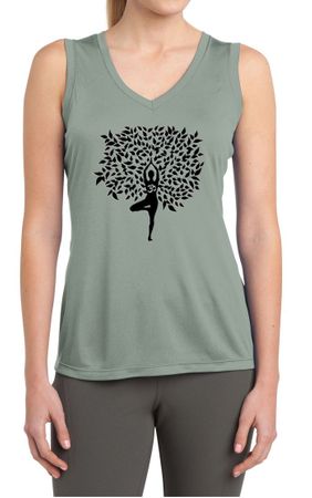 Ladies Yoga Shirt Black Tree Pose Sleeveless Moisture Wicking Tee