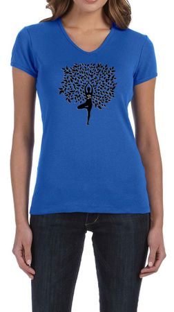 Ladies Yoga Shirt Black Tree Pose V-neck Tee T-Shirt