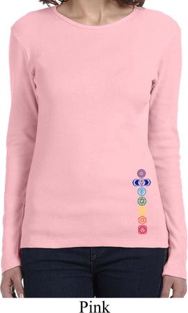 Ladies Yoga Shirt Colored Chakras Bottom Print Long Sleeve Tee T-Shirt