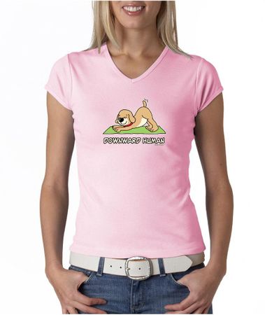 Ladies Yoga Shirt Downward Human V-neck Tee T-Shirt