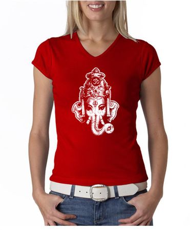 Ladies Yoga Shirt Ganesha Head V-Neck Tee T-Shirt