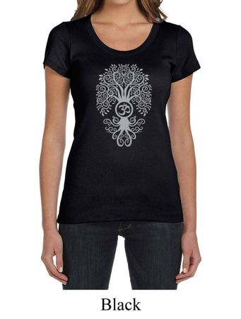 Ladies Yoga Shirt Grey Bodhi Tree Scoop Neck Tee T-Shirt