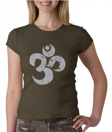 Ladies Yoga Shirt Grey Distressed OM Crewneck Tee T-Shirt