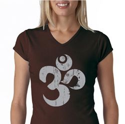 Ladies Yoga Shirt Grey Distressed OM V-neck Tee T-Shirt Ladies Yoga Shirt Grey Distressed OM V-neck Tee T-Shirt