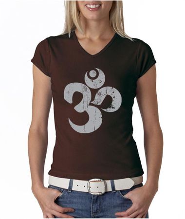 Ladies Yoga Shirt Grey Distressed OM V-neck Tee T-Shirt