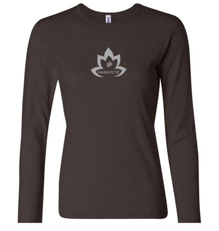 Ladies Yoga Shirt Grey Namaste Lotus Long Sleeve Tee T-Shirt
