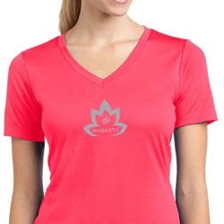 Ladies Yoga Shirt Grey Namaste Lotus Moisture Wicking V-neck Tee