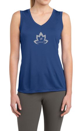 Ladies Yoga Shirt Grey Namaste Lotus Sleeveless Moisture Wicking Tee