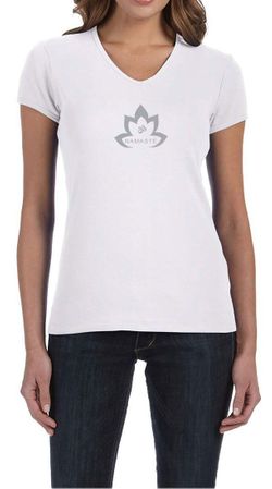Ladies Yoga Shirt Grey Namaste Lotus V-neck Tee T-Shirt