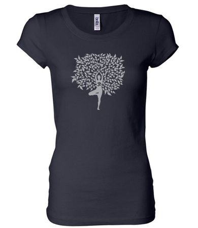 Ladies Yoga Shirt Grey Tree Pose Longer Length Tee T-Shirt