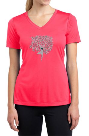 Ladies Yoga Shirt Grey Tree Pose Moisture Wicking V-neck Tee T-Shirt