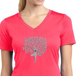 Ladies Yoga Shirt Grey Tree Pose Moisture Wicking V-neck Tee T-Shirt