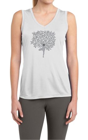 Ladies Yoga Shirt Grey Tree Pose Sleeveless Moisture Wicking Tee