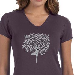 Ladies Yoga Shirt Grey Tree Pose V-neck Tee T-Shirt