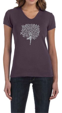 Ladies Yoga Shirt Grey Tree Pose V-neck Tee T-Shirt