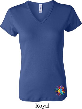 Ladies Yoga Shirt Hippie Sun Patch Bottom Print V-neck Tee T-Shirt