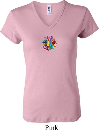 Ladies Yoga Shirt Hippie Sun Patch Middle Print V-neck Tee T-Shirt