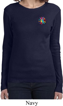Ladies Yoga Shirt Hippie Sun Patch Pocket Print Long Sleeve Tee