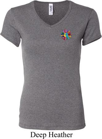Ladies Yoga Shirt Hippie Sun Patch Pocket Print V-neck Tee T-Shirt