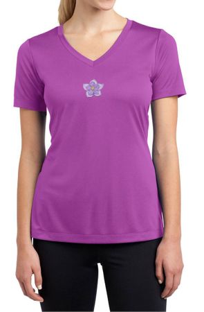 Ladies Yoga Shirt Layered Flower Patch Moisture Wicking V-neck Tee