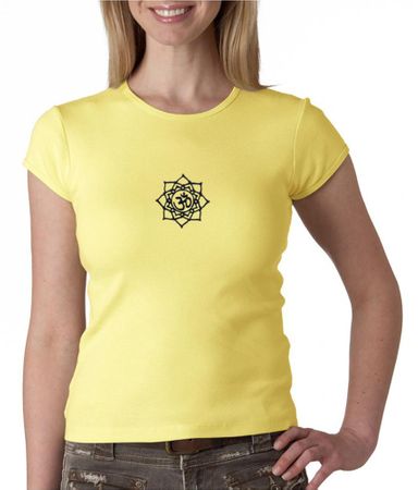 Ladies Yoga Shirt Black Lotus OM Patch Small Print Crewneck T-Shirt