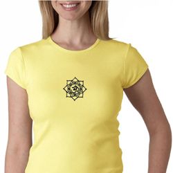 Ladies Yoga Shirt Black Lotus OM Patch Small Print Crewneck T-Shirt Ladies Yoga Shirt Black Lotus OM Patch Small Print Crewneck T-Shirt
