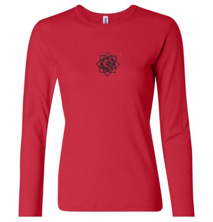 Ladies Yoga Shirt Black Lotus OM Patch Small Print Long Sleeve T-Shirt