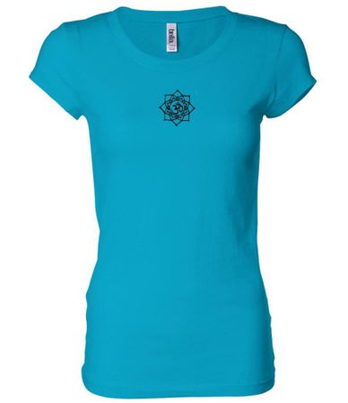 Ladies Yoga Shirt Black Lotus OM Patch Small Print Longer Length Tee