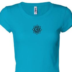 Ladies Yoga Shirt Black Lotus OM Patch Small Print Longer Length Tee Ladies Yoga Shirt Black Lotus OM Patch Small Print Longer Length Tee