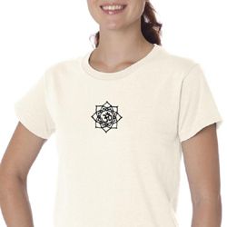 Ladies Yoga Shirt Black Lotus OM Patch Small Print Organic Tee T-Shirt Ladies Yoga Shirt Black Lotus OM Patch Small Print Organic Tee T-Shirt