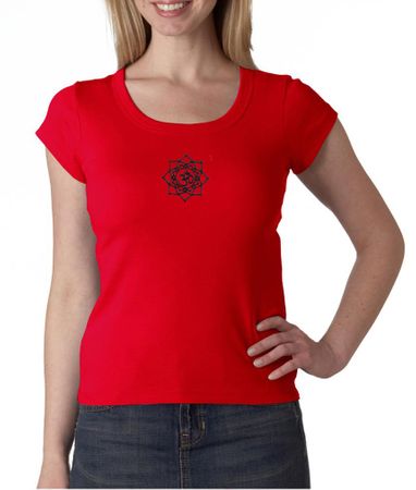 Ladies Yoga Shirt Black Lotus OM Patch Small Print Scoop Neck T-Shirt