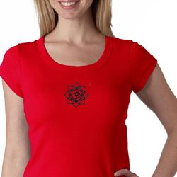 Ladies Yoga Shirt Black Lotus OM Patch Small Print Scoop Neck T-Shirt Ladies Yoga Shirt Black Lotus OM Patch Small Print Scoop Neck T-Shirt