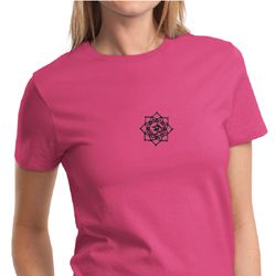Ladies Yoga Shirt Black Lotus OM Patch Small Print Tee T-Shirt Ladies Yoga Shirt Black Lotus OM Patch Small Print Tee T-Shirt