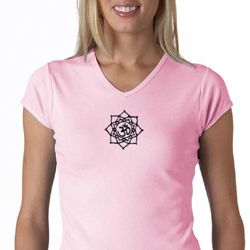 Ladies Yoga Shirt Black Lotus OM Patch Small Print V-neck Tee T-Shirt Ladies Yoga Shirt Black Lotus OM Patch Small Print V-neck Tee T-Shirt