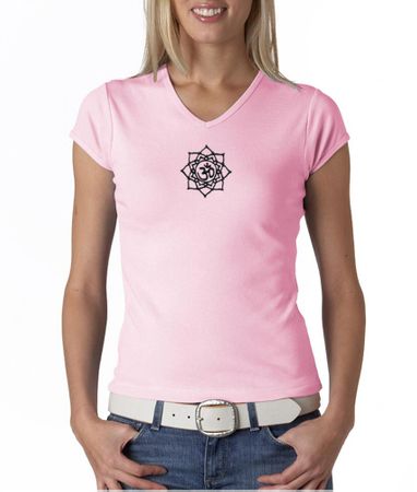 Ladies Yoga Shirt Black Lotus OM Patch Small Print V-neck Tee T-Shirt