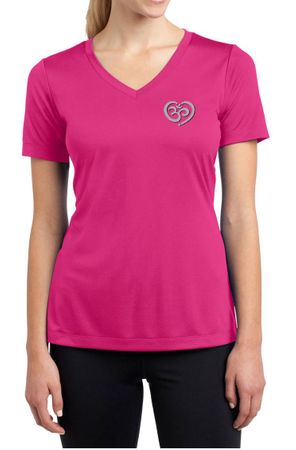 Ladies Yoga Shirt OM Heart Pocket Print Moisture Wicking V-neck Tee