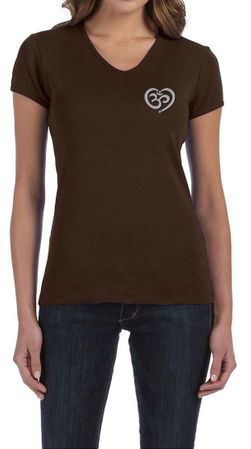 Ladies Yoga Shirt OM Heart Pocket Print V-neck Tee T-Shirt