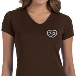 Ladies Yoga Shirt OM Heart Pocket Print V-neck Tee T-Shirt