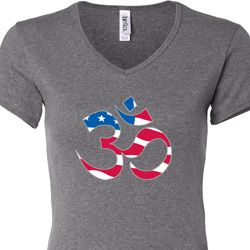Ladies Yoga Shirt Patriotic Om V-neck Tee T-Shirt Ladies Yoga Shirt Patriotic Om V-neck Tee T-Shirt