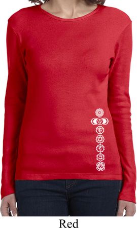 Ladies Yoga Shirt White 7 Chakras Bottom Print Long Sleeve Tee T-Shirt