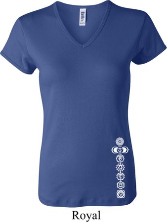 Ladies Yoga Shirt White 7 Chakras Bottom Print V-neck Tee T-Shirt