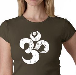 Ladies Yoga Shirt White Distressed OM Crewneck Tee T-Shirt