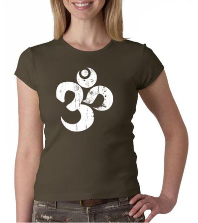 Ladies Yoga Shirt White Distressed OM Crewneck Tee T-Shirt