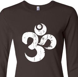 Ladies Yoga Shirt White Distressed OM Long Sleeve Tee T-Shirt