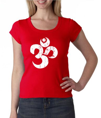 Ladies Yoga Shirt White Distressed OM Scoop Neck Tee T-Shirt