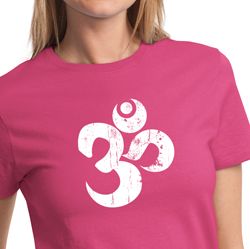 Ladies Yoga Shirt White Distressed OM Tee T-Shirt