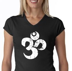 Ladies Yoga Shirt White Distressed OM V-neck Tee T-Shirt