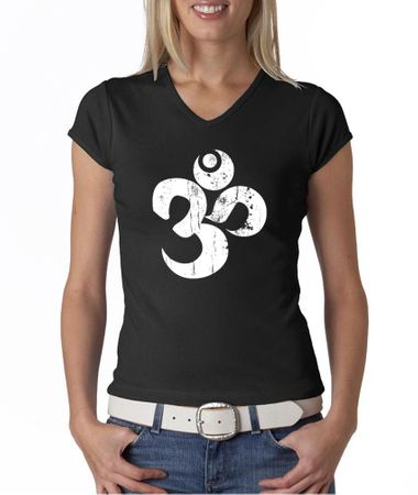 Ladies Yoga Shirt White Distressed OM V-neck Tee T-Shirt