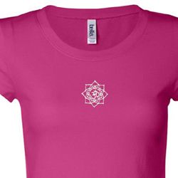 Ladies Yoga Shirt White Lotus OM Small Print Longer Length Tee T-Shirt Ladies Yoga Shirt White Lotus OM Small Print Longer Length Tee T-Shirt