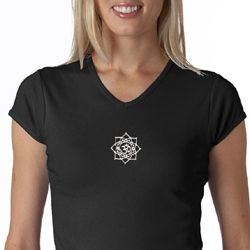Ladies Yoga Shirt White Lotus OM Small Print V-neck Tee T-Shirt Ladies Yoga Shirt White Lotus OM Small Print V-neck Tee T-Shirt